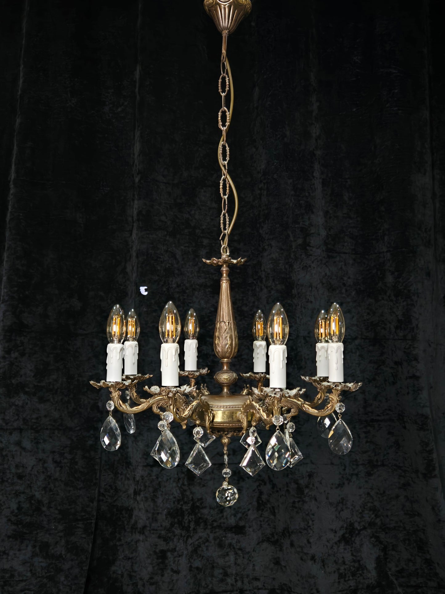 Fabulous Vintage Italian 8 Arm Brass Flower Crystal Chandelier Ceiling Light
