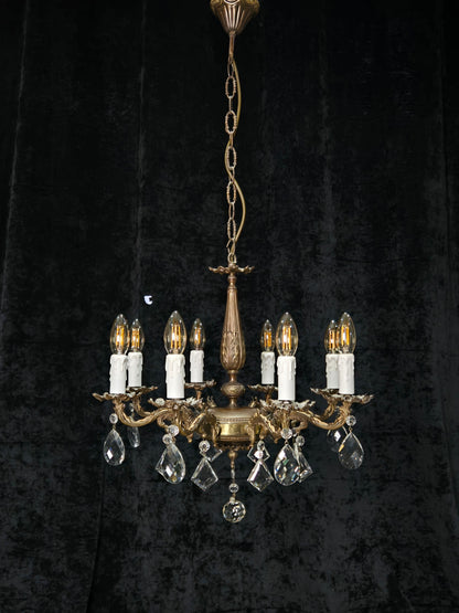 Fabulous Vintage Italian 8 Arm Brass Flower Crystal Chandelier Ceiling Light