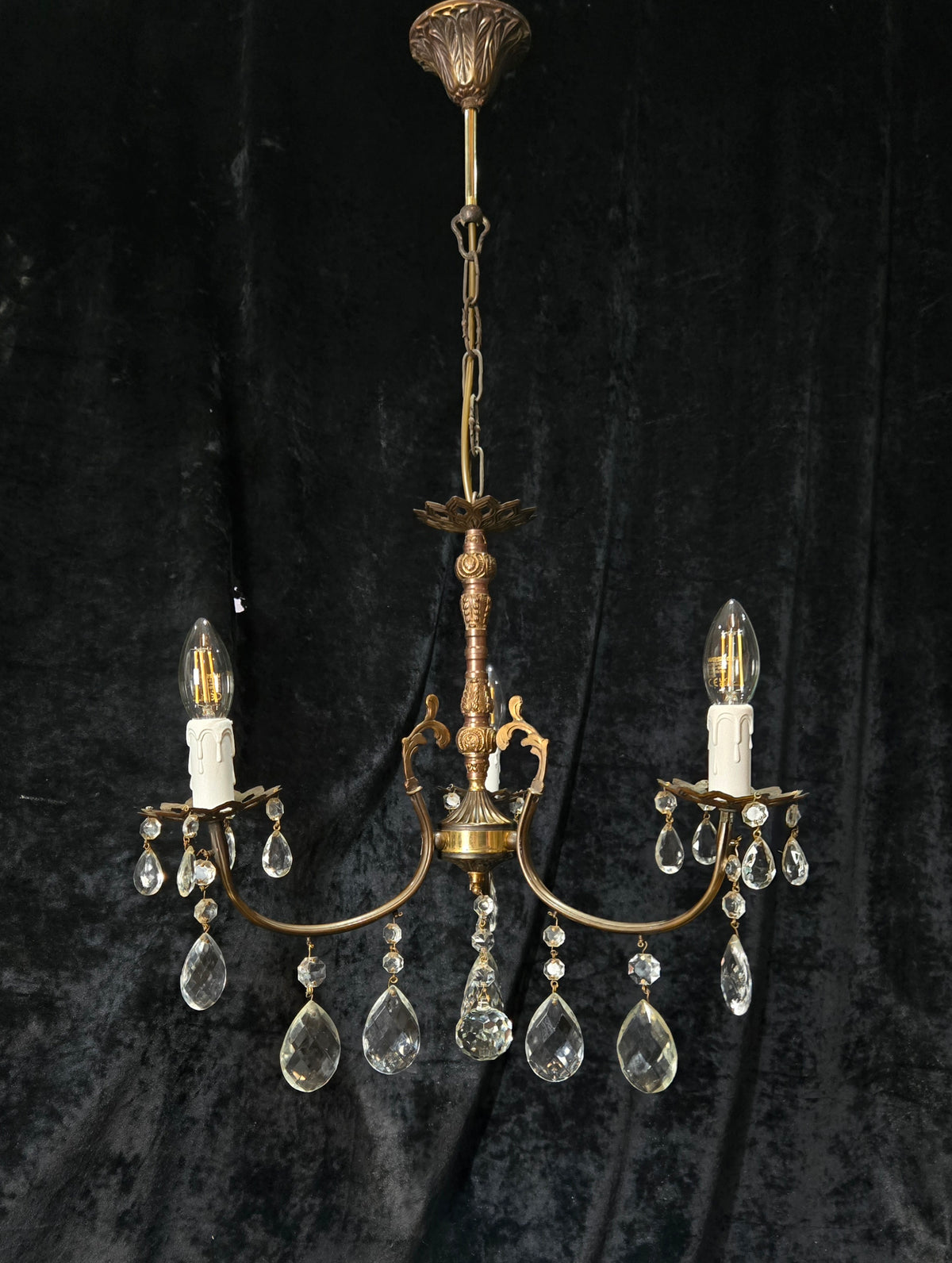 Lovely Vintage Italian 3 Arm Brass and Crystal Chandelier Ceiling Light