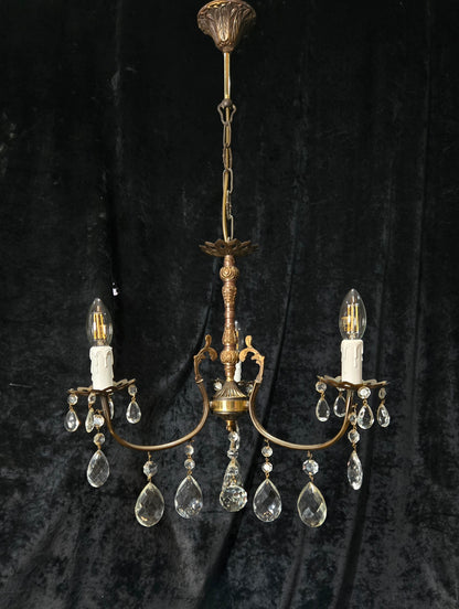 Lovely Vintage Italian 3 Arm Brass and Crystal Chandelier Ceiling Light