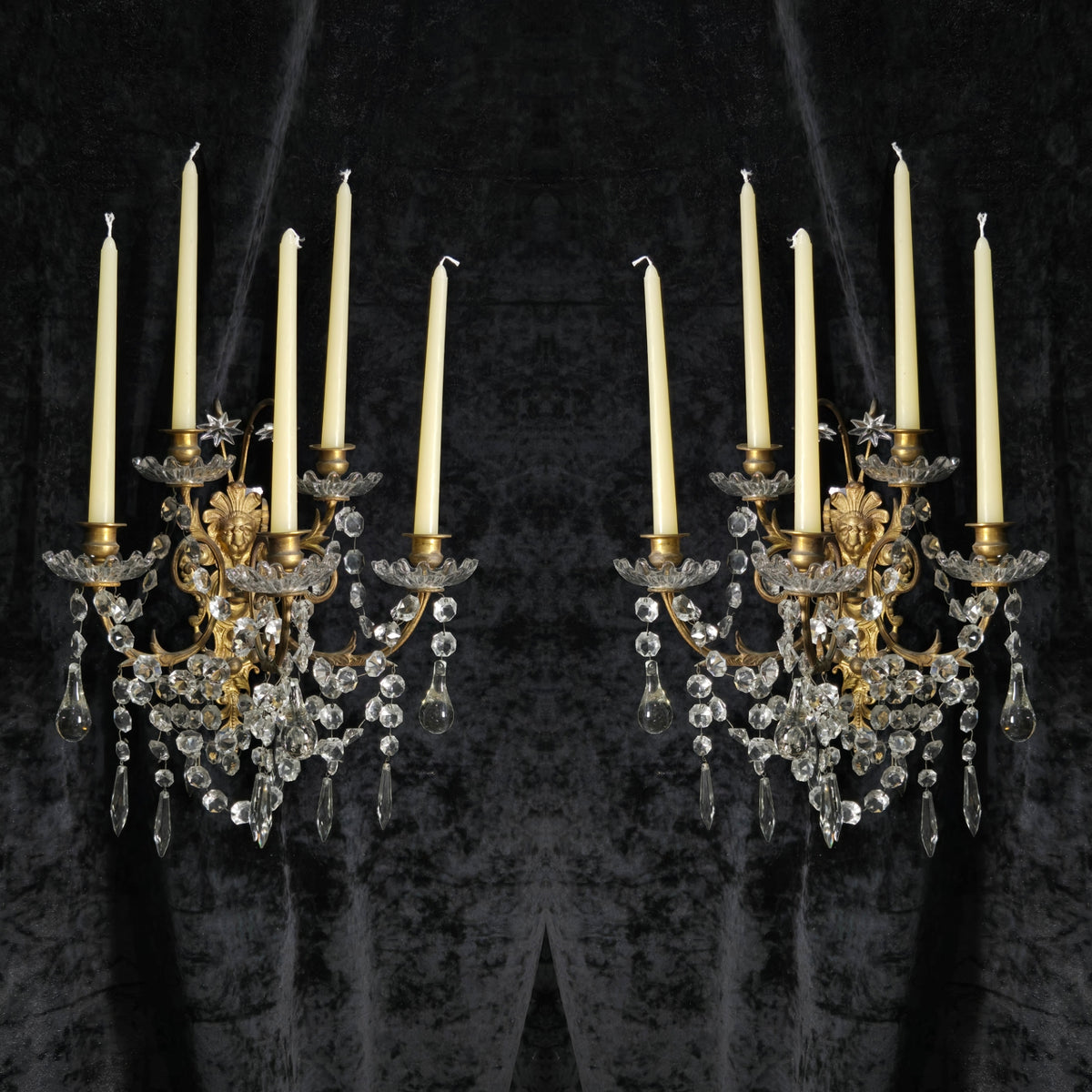 Rare Large Pair 1800s Antique Original Porteiux France Brass Candle Wall Lights