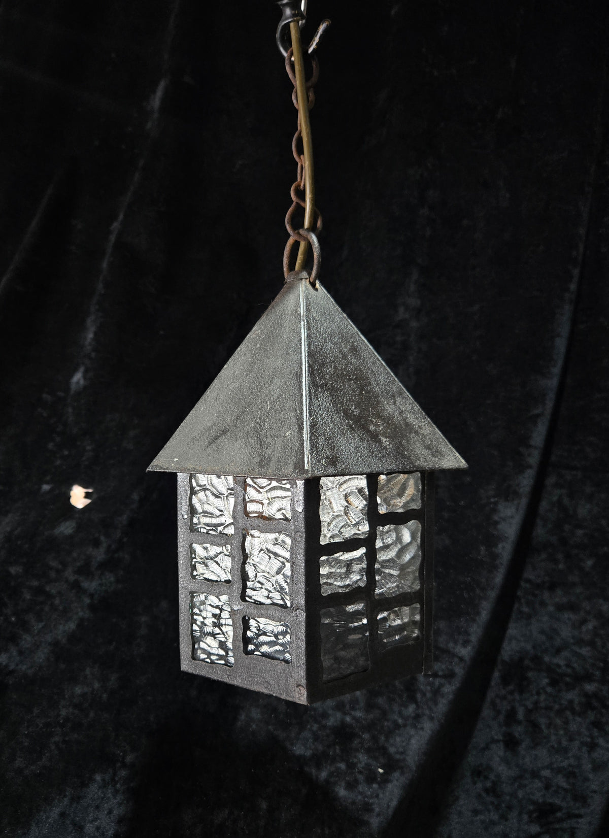 Lovely Vintage French Wrought Iron Gothic Lantern Light with Textured Glass