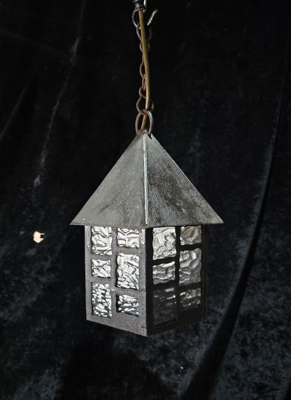 Lovely Vintage French Wrought Iron Gothic Lantern Light with Textured Glass
