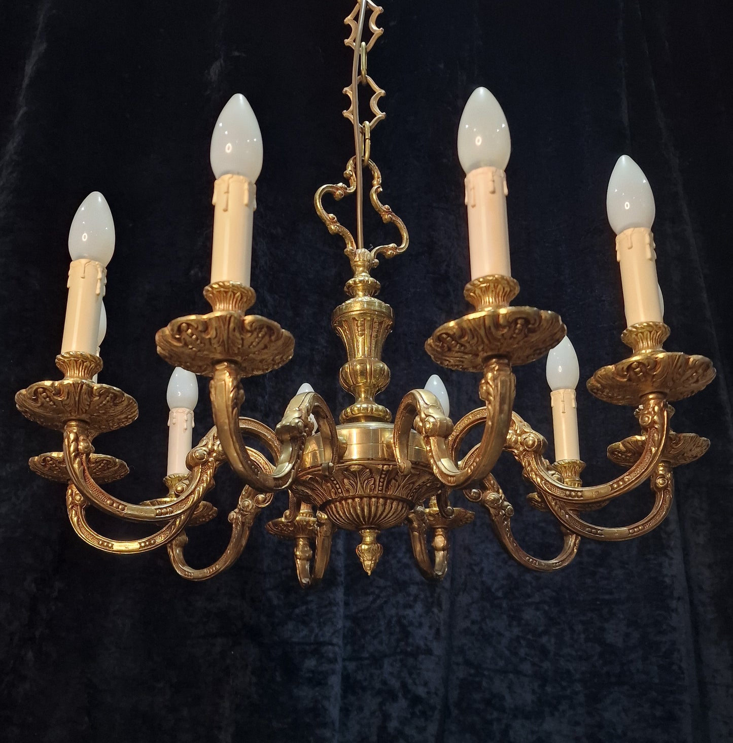 Stately Heavy Vintage French Empire Style 10 Arm Brass Chandelier Ceiling Light