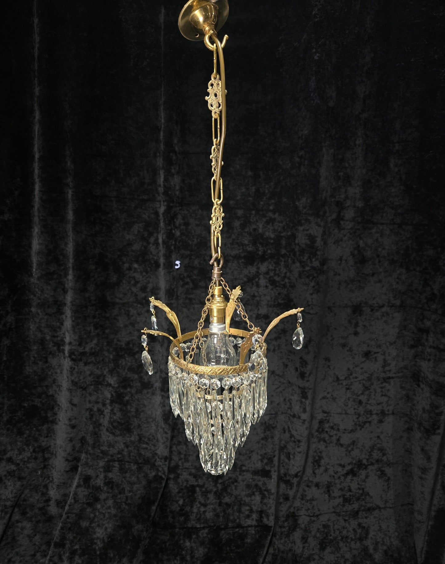 Beautiful Antique French Crystal Waterfall Brass Leaf Chandelier Ceiling Light