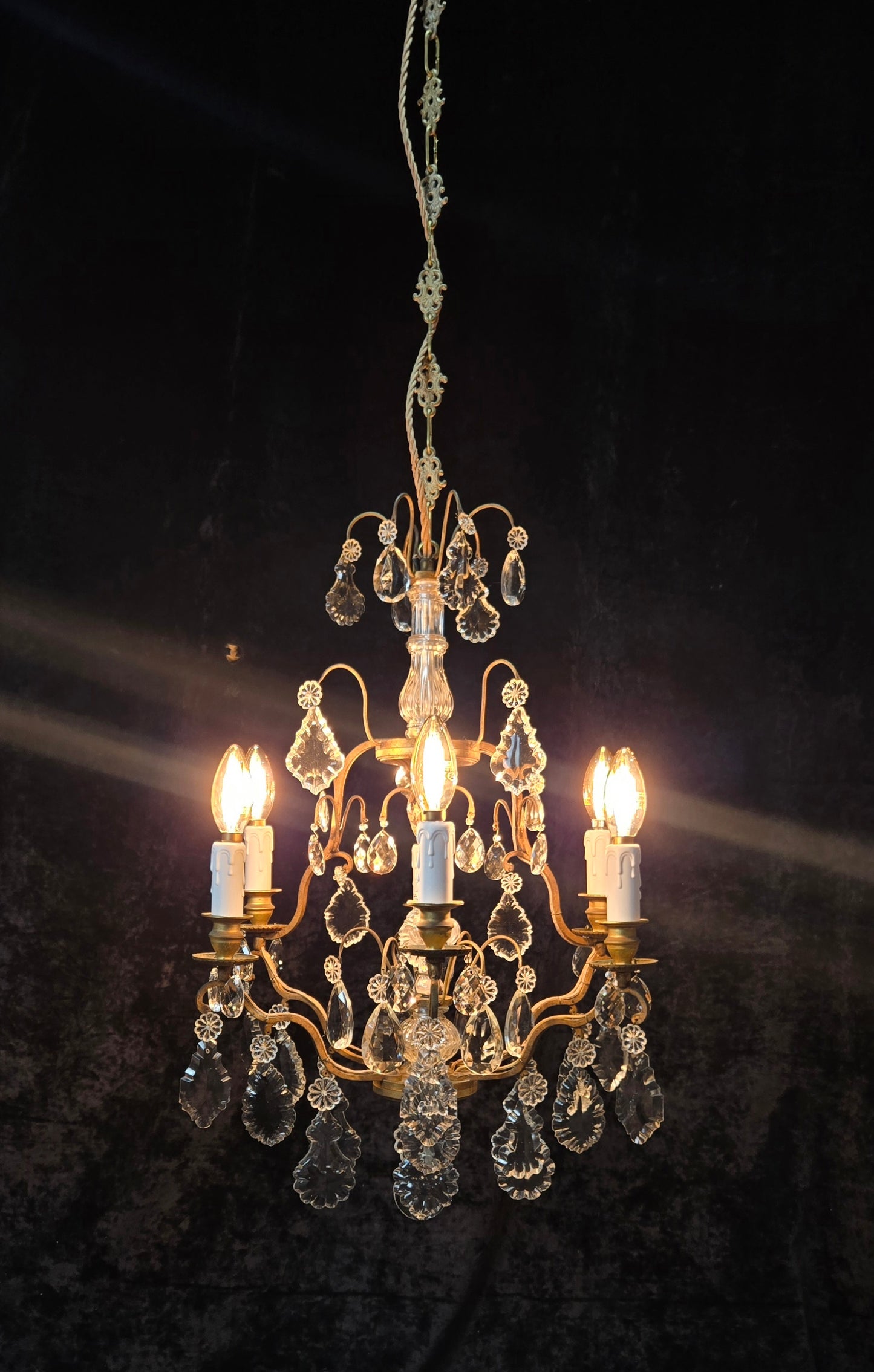 Stunning Antique French 6 Arm Cage Bronze Crystal Chandelier Ceiling Light