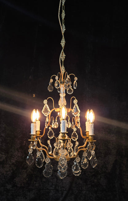 Stunning Antique French 6 Arm Cage Bronze Crystal Chandelier Ceiling Light