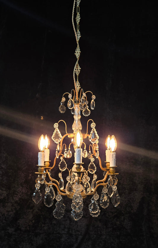 Stunning Antique French 6 Arm Cage Bronze Crystal Chandelier Ceiling Light