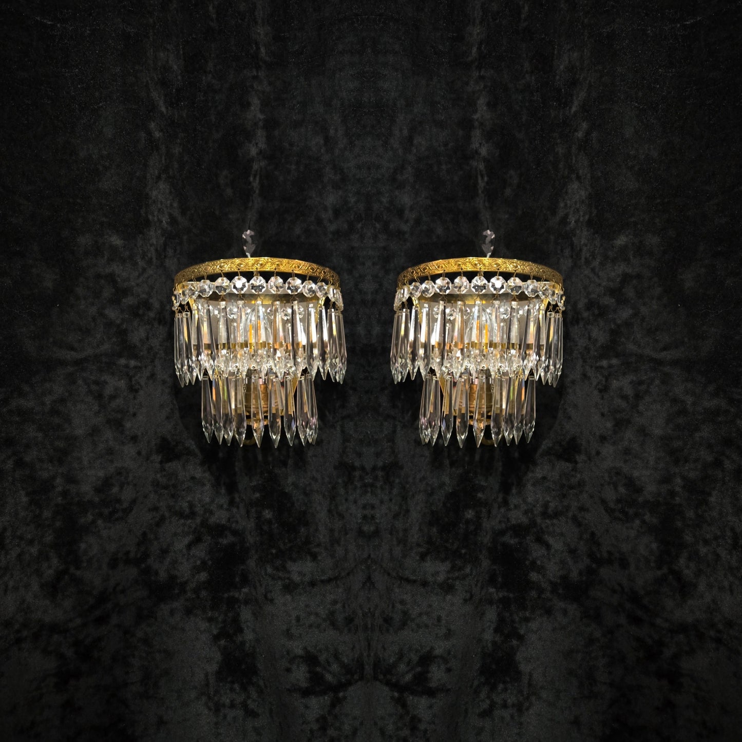 Lovely Pair Antique French 1 Light Crystal Brass Waterfall Mirror Wall Sconces
