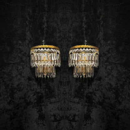 Lovely Pair Antique French 1 Light Crystal Brass Waterfall Mirror Wall Sconces