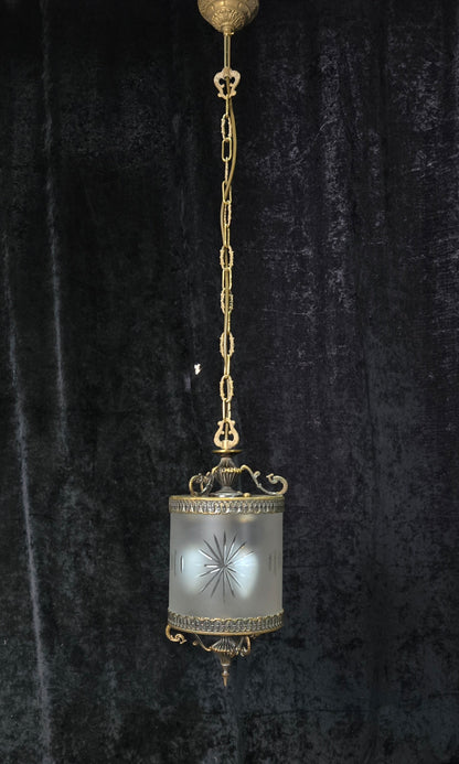 Elegant Vintage Italian Cylinder Cut Glass Starburst Brass 3 Light Lantern