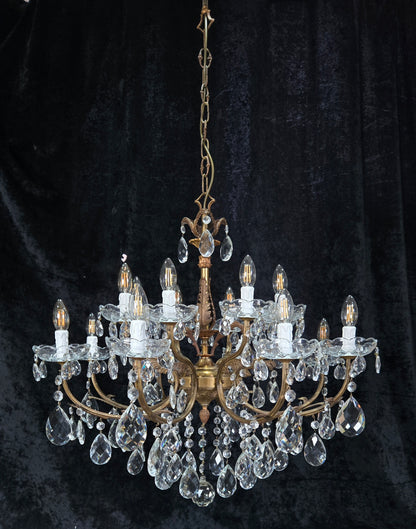 Fabulous Large Vintage Italian Heavy 8 Arm 16 Light Brass Crystal Chandelier