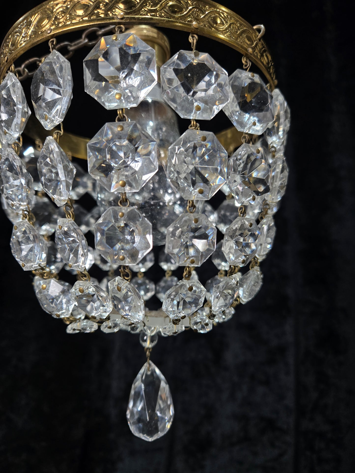 Petite Vintage French Crystal Half Bag Brass Leaf Chandelier Ceiling Light