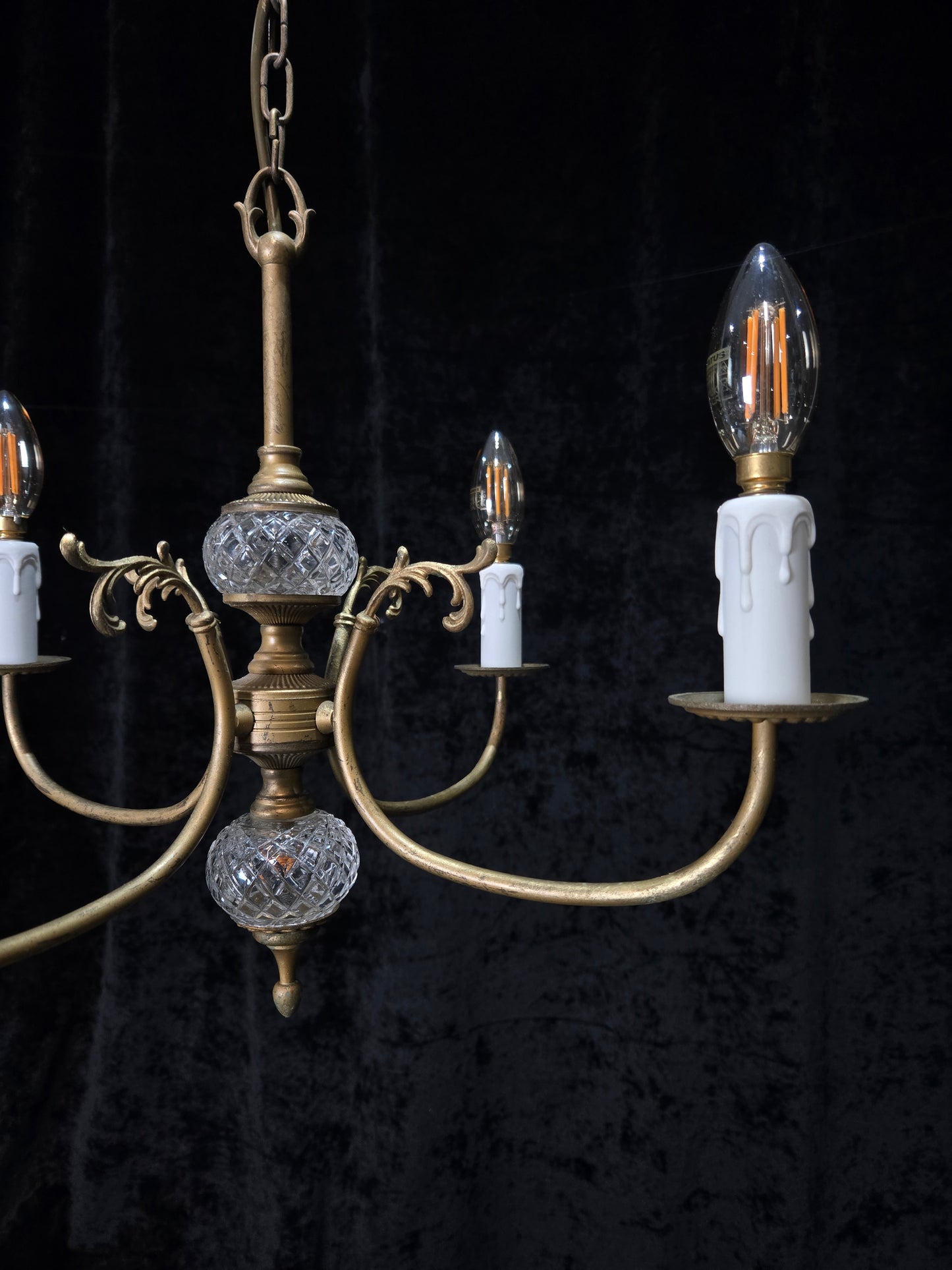 Classical Vintage French 4 Arm Lacquered Brass Crystal Chandelier Ceiling Light