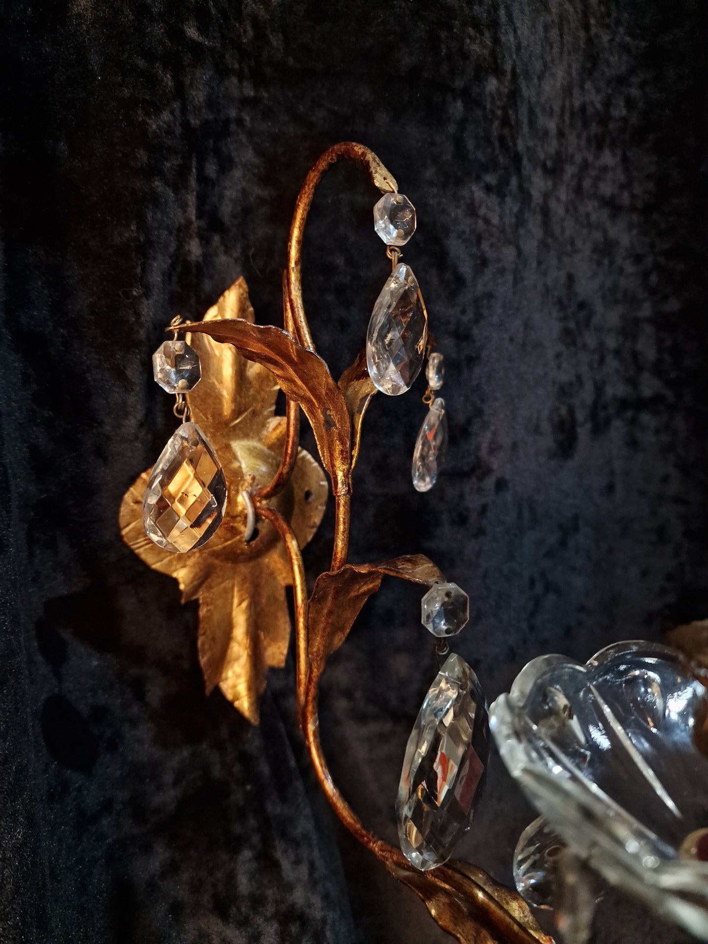 Stunning Pair Vintage Italian 1 Arm Florentine Toleware Candle Crystal Sconces