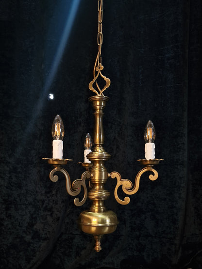 Elegant Vintage Italian 3 Arm Brass Chandelier Ceiling Light