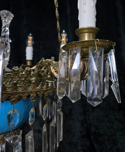 Exceptional Antique French Late 1800s 9 Arm Brass Blue Glass Crystal Chandelier