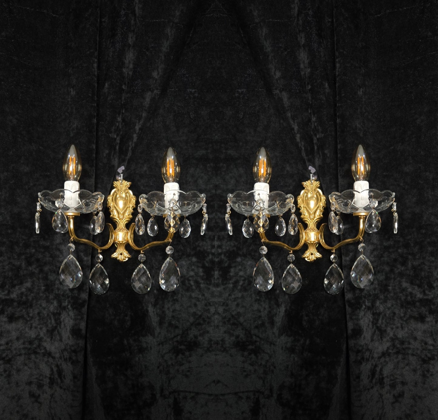 Fabulous Pair Vintage French 2 Arm Brass Leaf Crystal Wall Lights Sconces