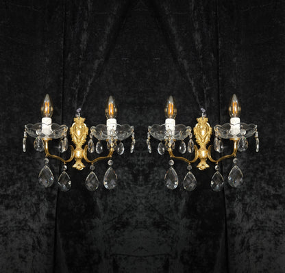 Fabulous Pair Vintage French 2 Arm Brass Leaf Crystal Wall Lights Sconces