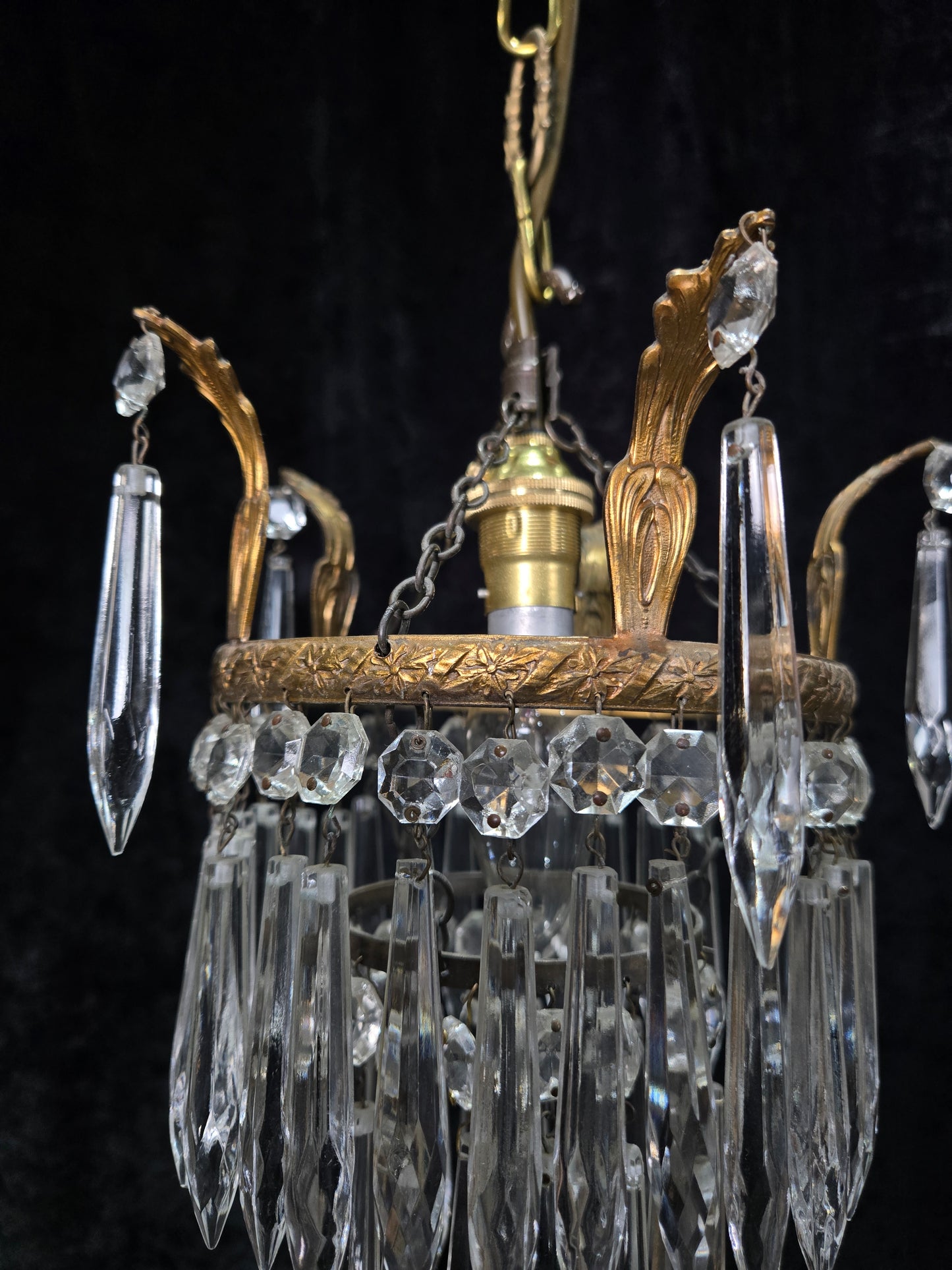 Beautiful Antique French Crystal Waterfall Brass Leaf Chandelier Ceiling Light