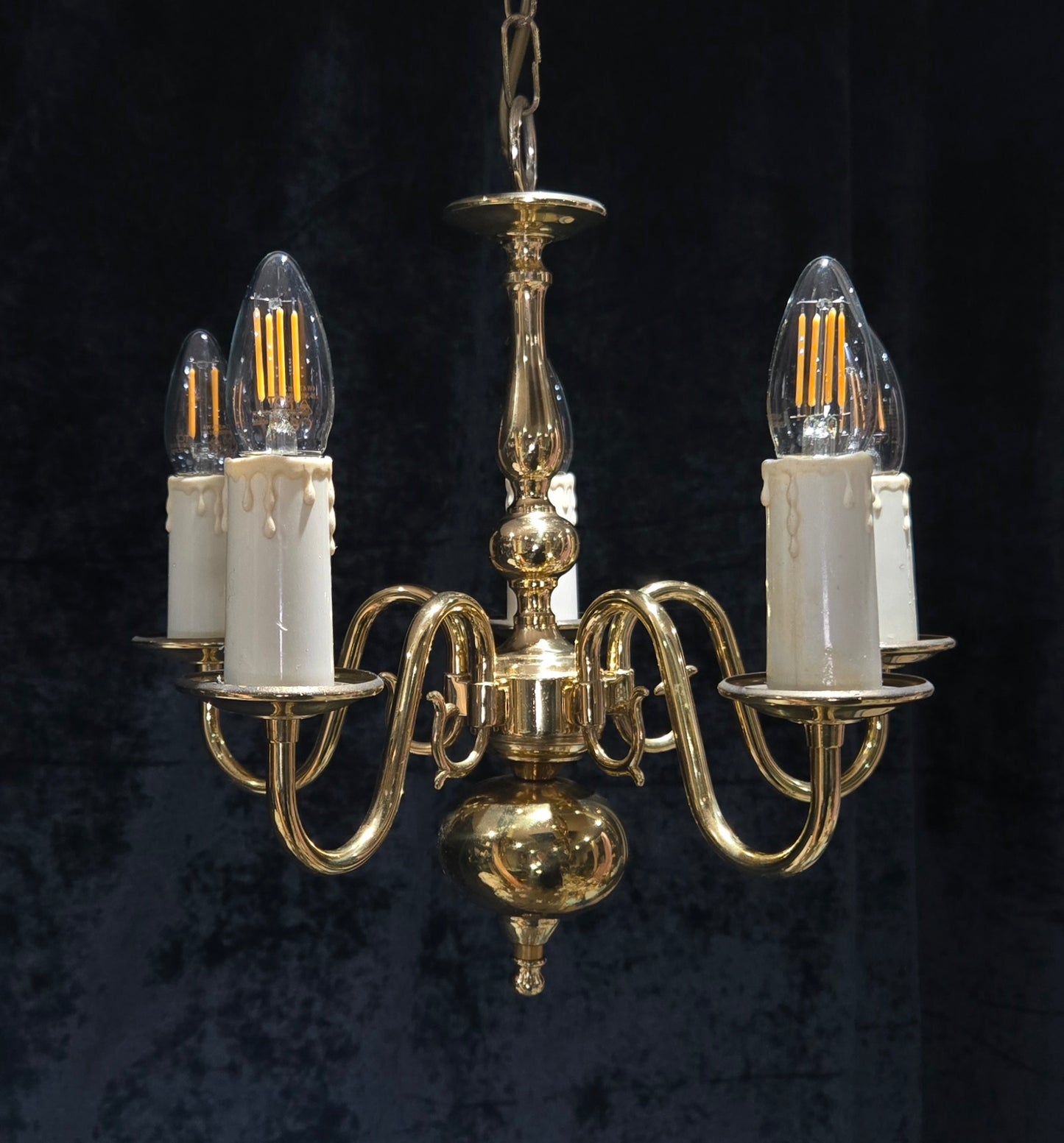 Classical Vintage Small 5 Arm Polished Brass Flemish Chandelier Ceiling Light