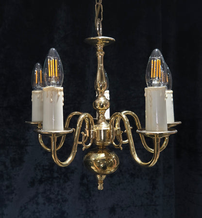 Classical Vintage Small 5 Arm Polished Brass Flemish Chandelier Ceiling Light