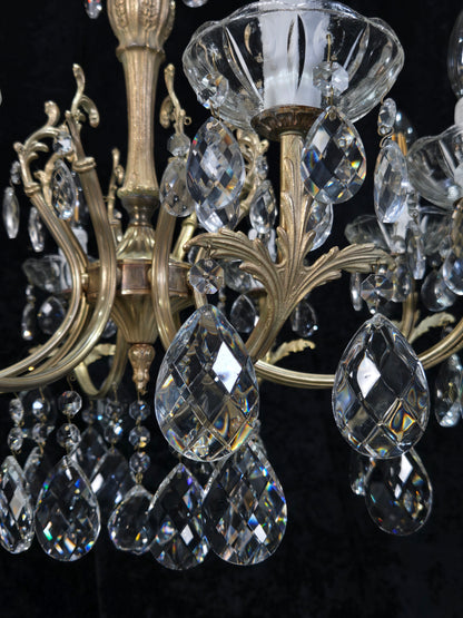 Elegant Vintage Italian 8 Arm Brass Crystal Leaf Chandelier Ceiling Light