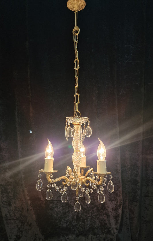 Elegant Vintage Italian 3 Arm Brass Crystal Chandelier Ceiling Light