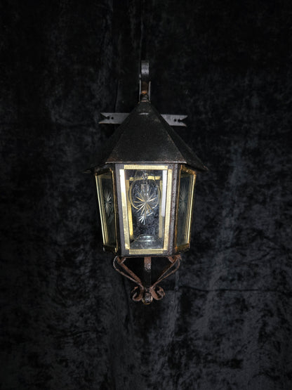 Traditional Antique Wrought Iron Starburst Cut Glass Outdoor Wall Lantern Light