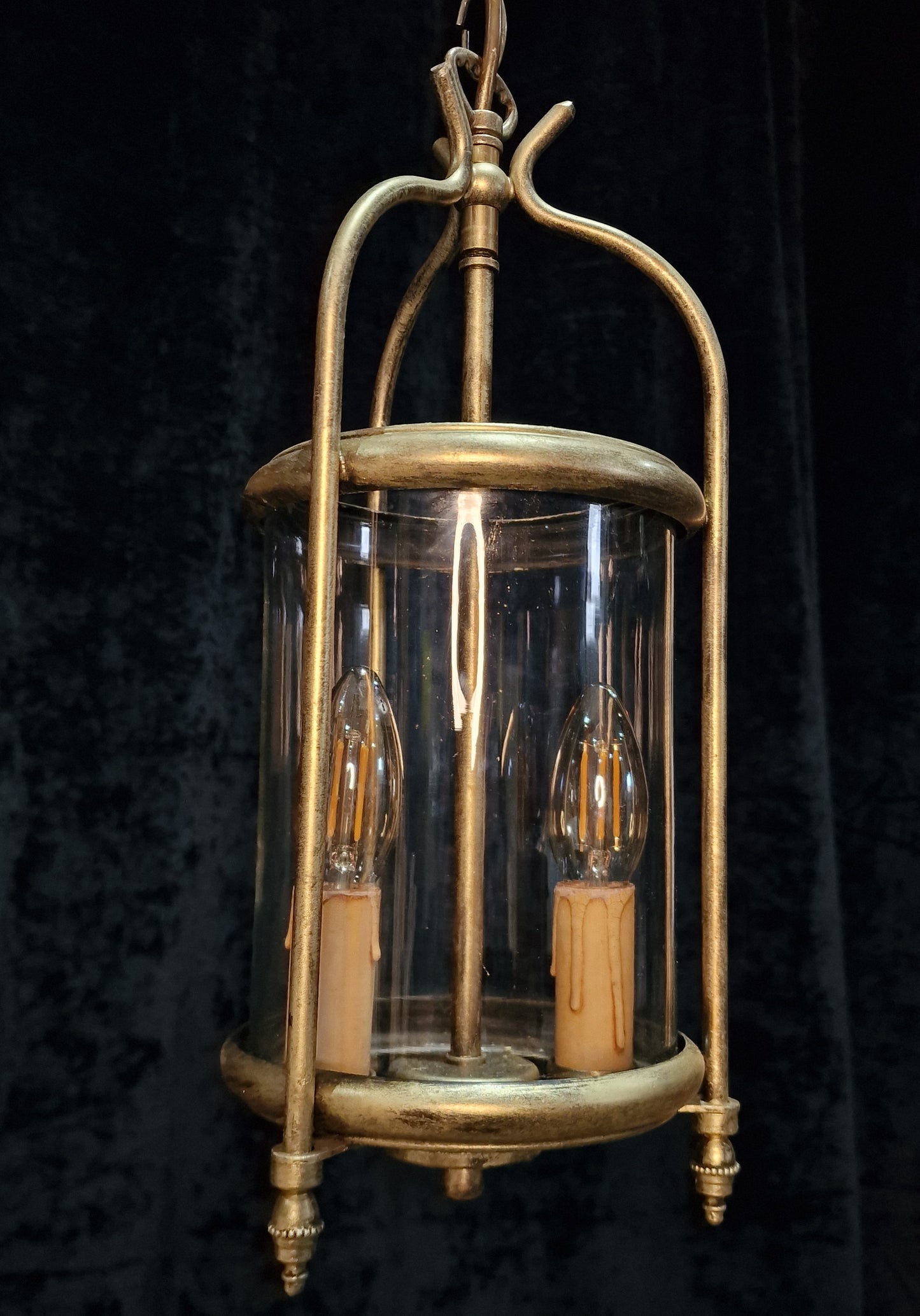 Classical Vintage French Cylinder Glass Gilded 2 Light Lantern Hallway Light