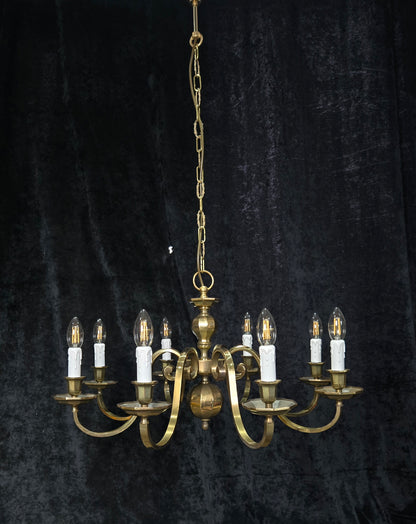 Classical Vintage Polished Brass Large 8 Arm Flemish Style Chandelier Light