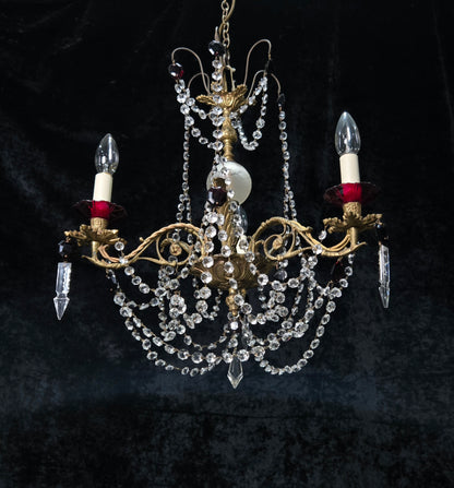Stunning Antique French 3 Arm Glass Garnet Crystal Chandelier Ceiling Light