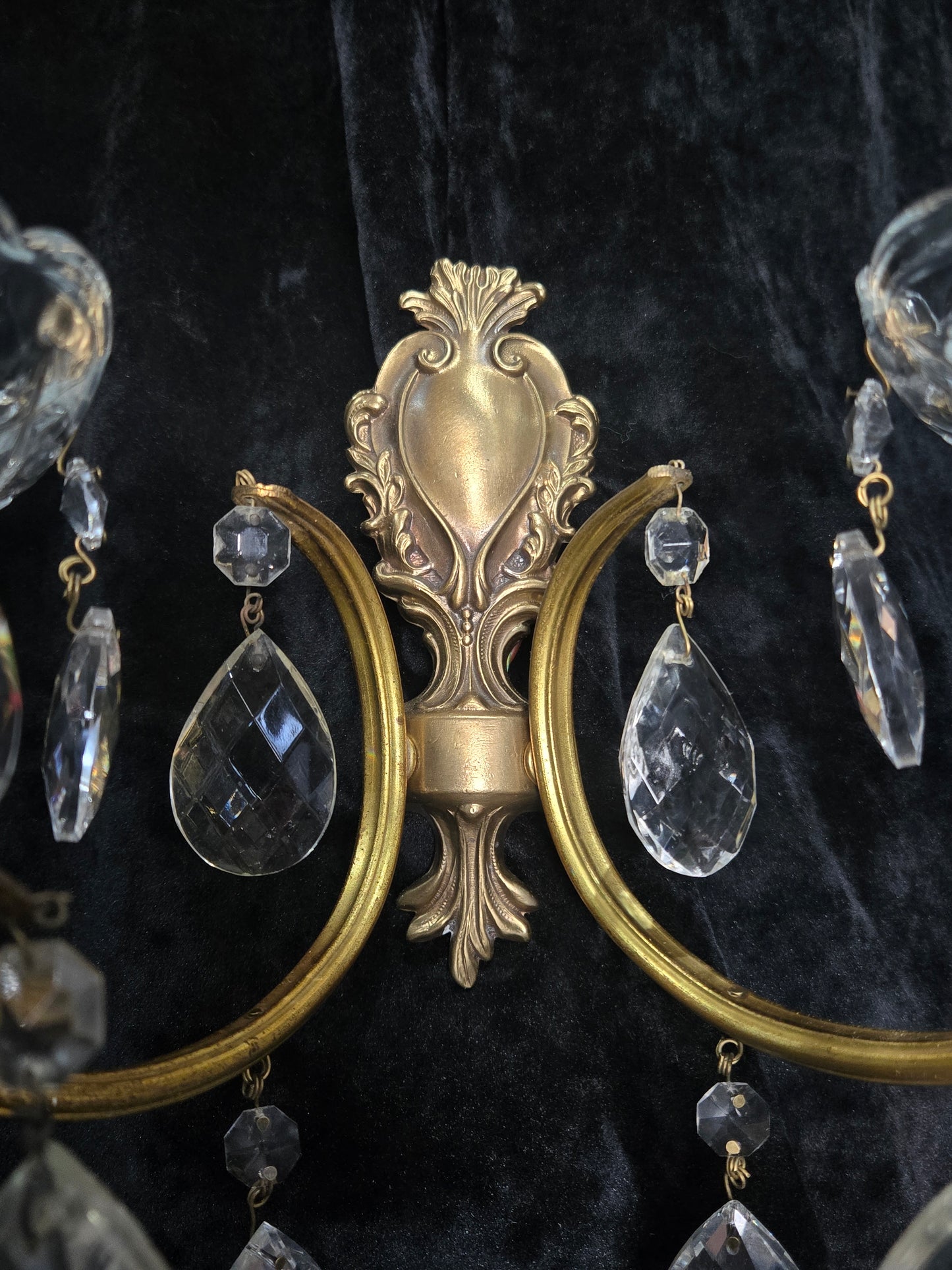 Lovely Pair of Vintage French 2 Arm Brass Leaf Crystal Wall Lights Sconces