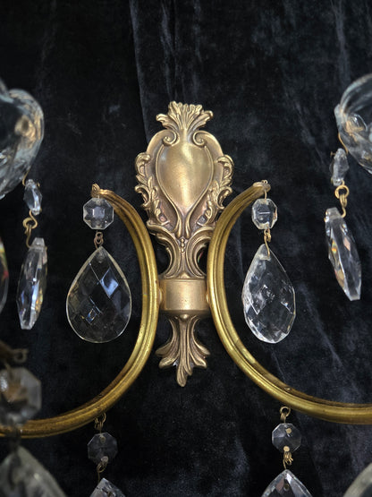 Lovely Pair of Vintage French 2 Arm Brass Leaf Crystal Wall Lights Sconces