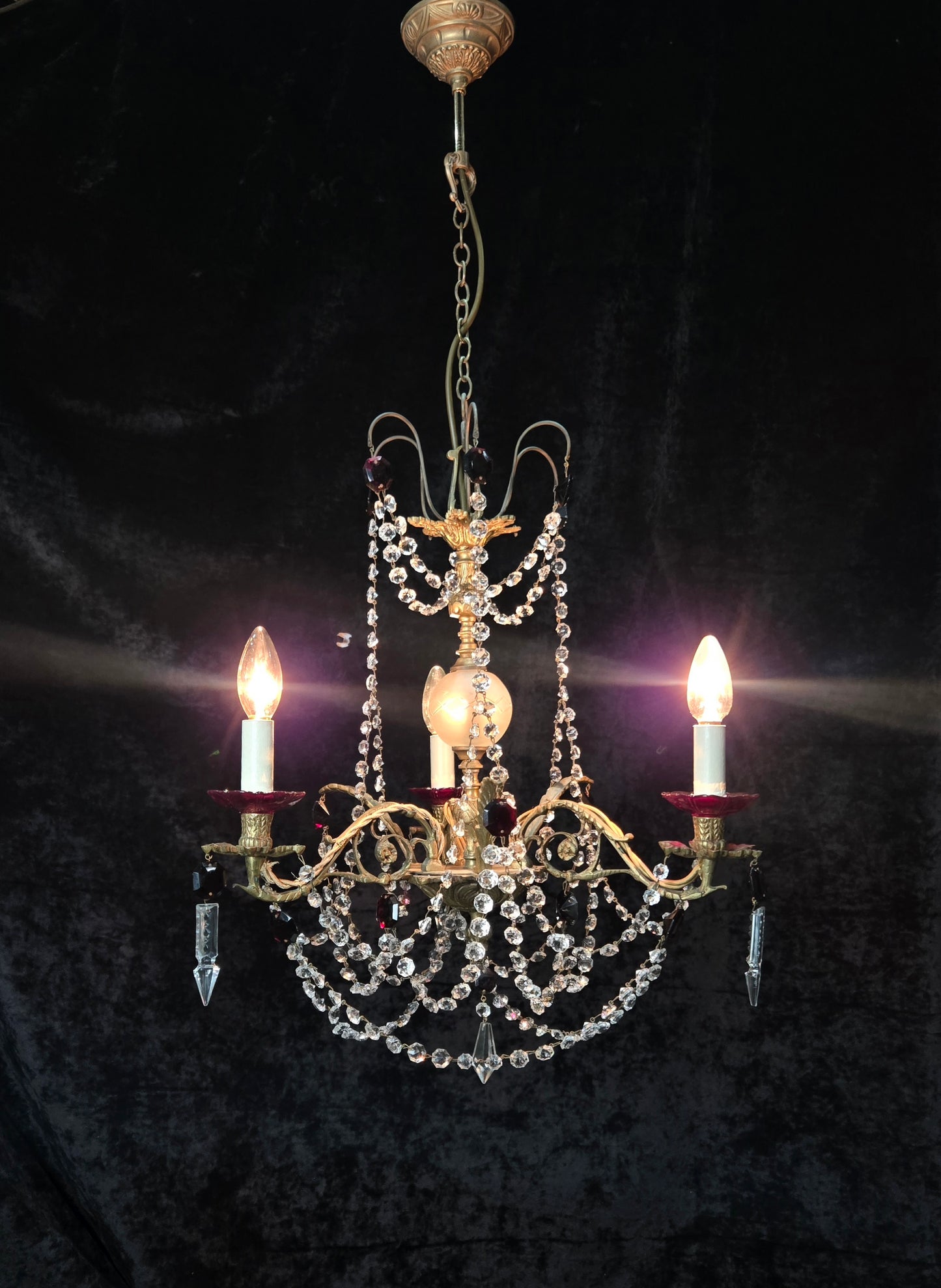 Stunning Antique French 3 Arm Glass Garnet Crystal Chandelier Ceiling Light