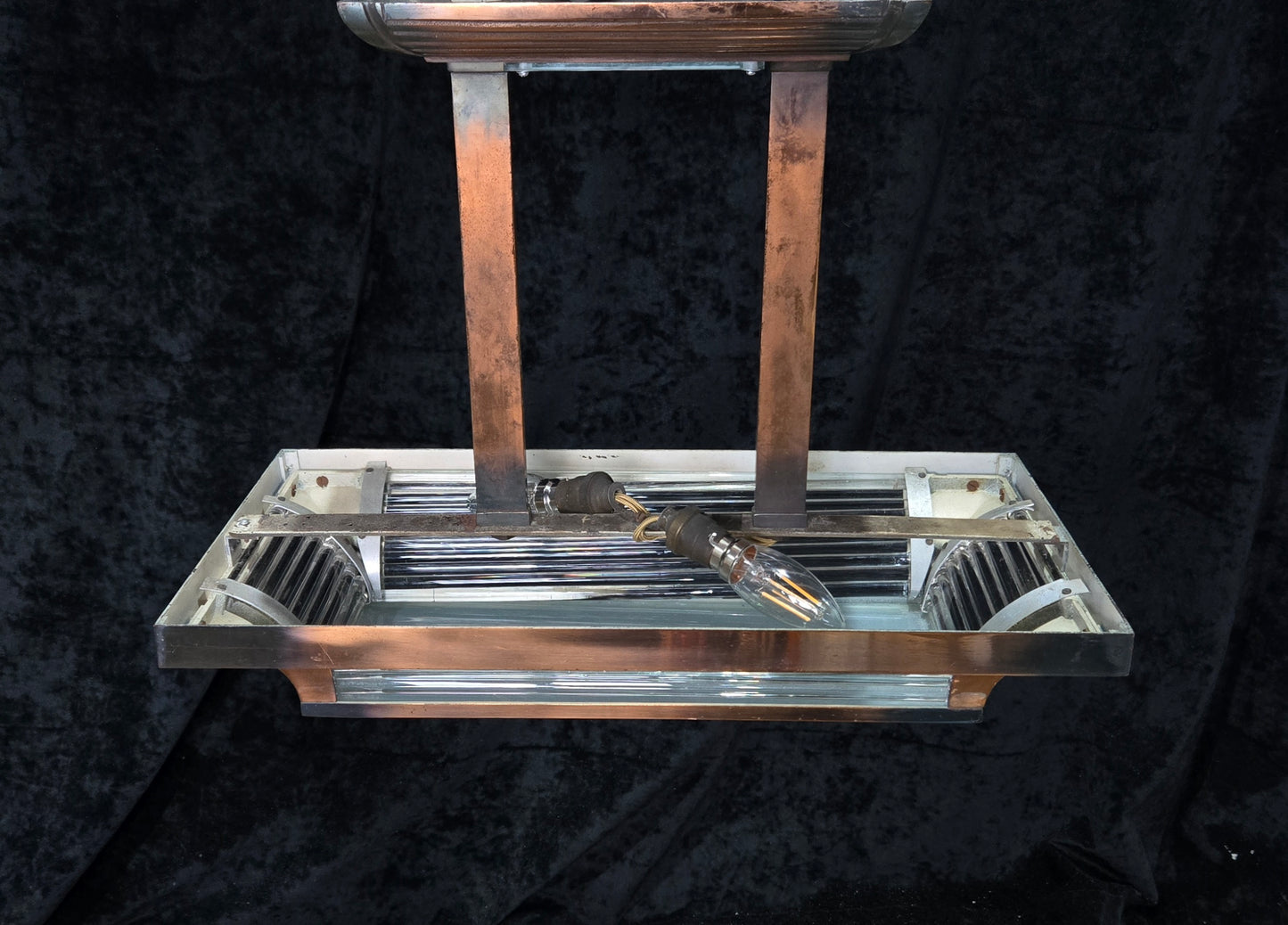 Heavy Antique French Art Deco Henri Petitot Atelier Copper 2 Light Chandelier