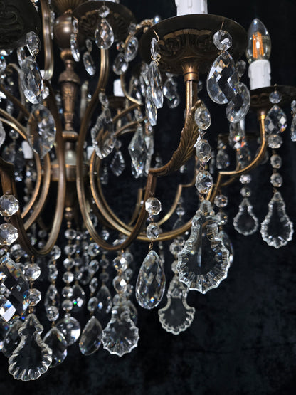 Fabulous Large Vintage Italian 12 Arm 18 Light Brass Crystal Leaf Chandelier