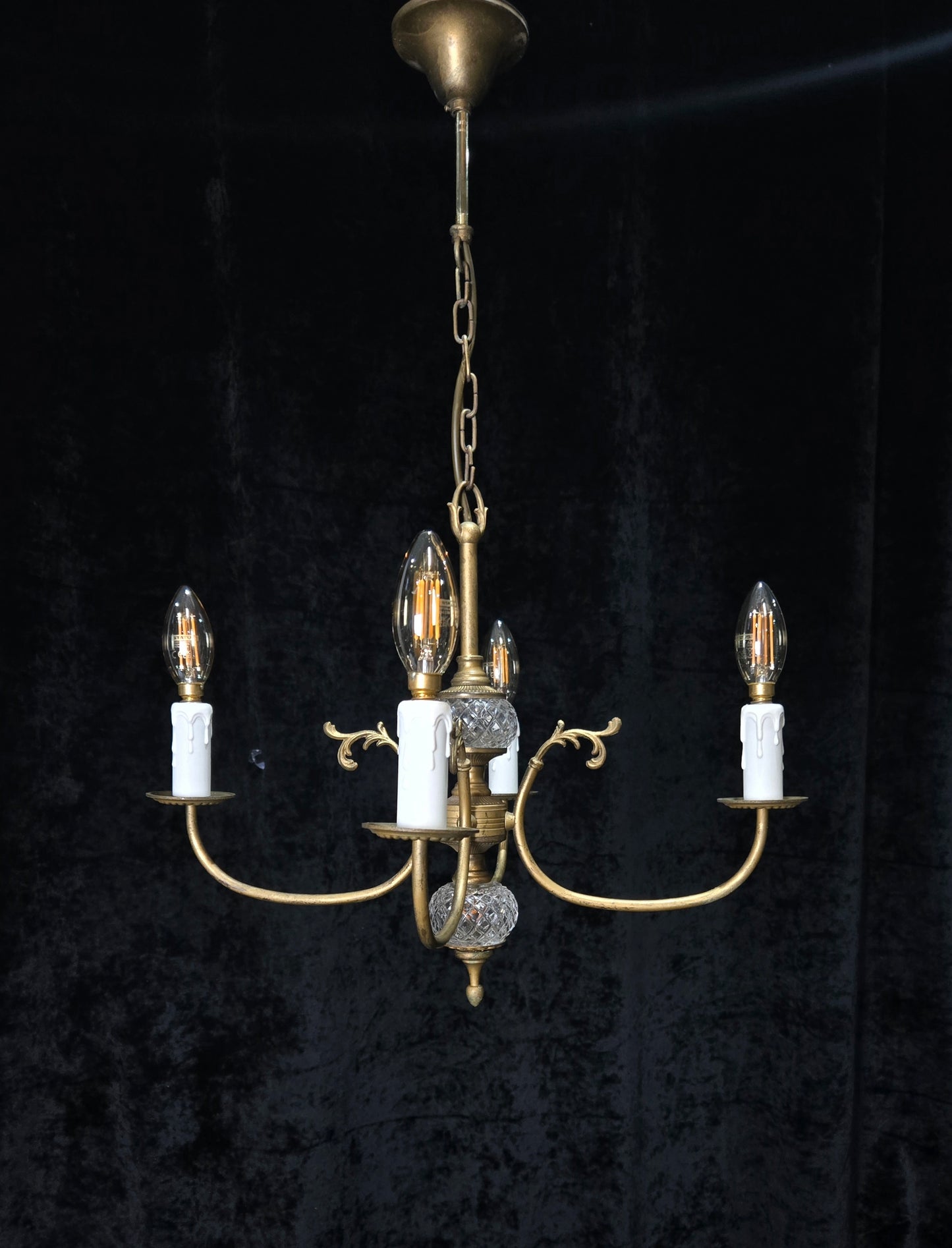 Classical Vintage French 4 Arm Lacquered Brass Crystal Chandelier Ceiling Light