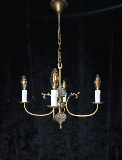 Classical Vintage French 4 Arm Lacquered Brass Crystal Chandelier Ceiling Light