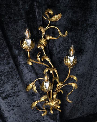 Beautiful Large Vintage Italian 3 Light Gilded Toleware Florentine Sconce Light