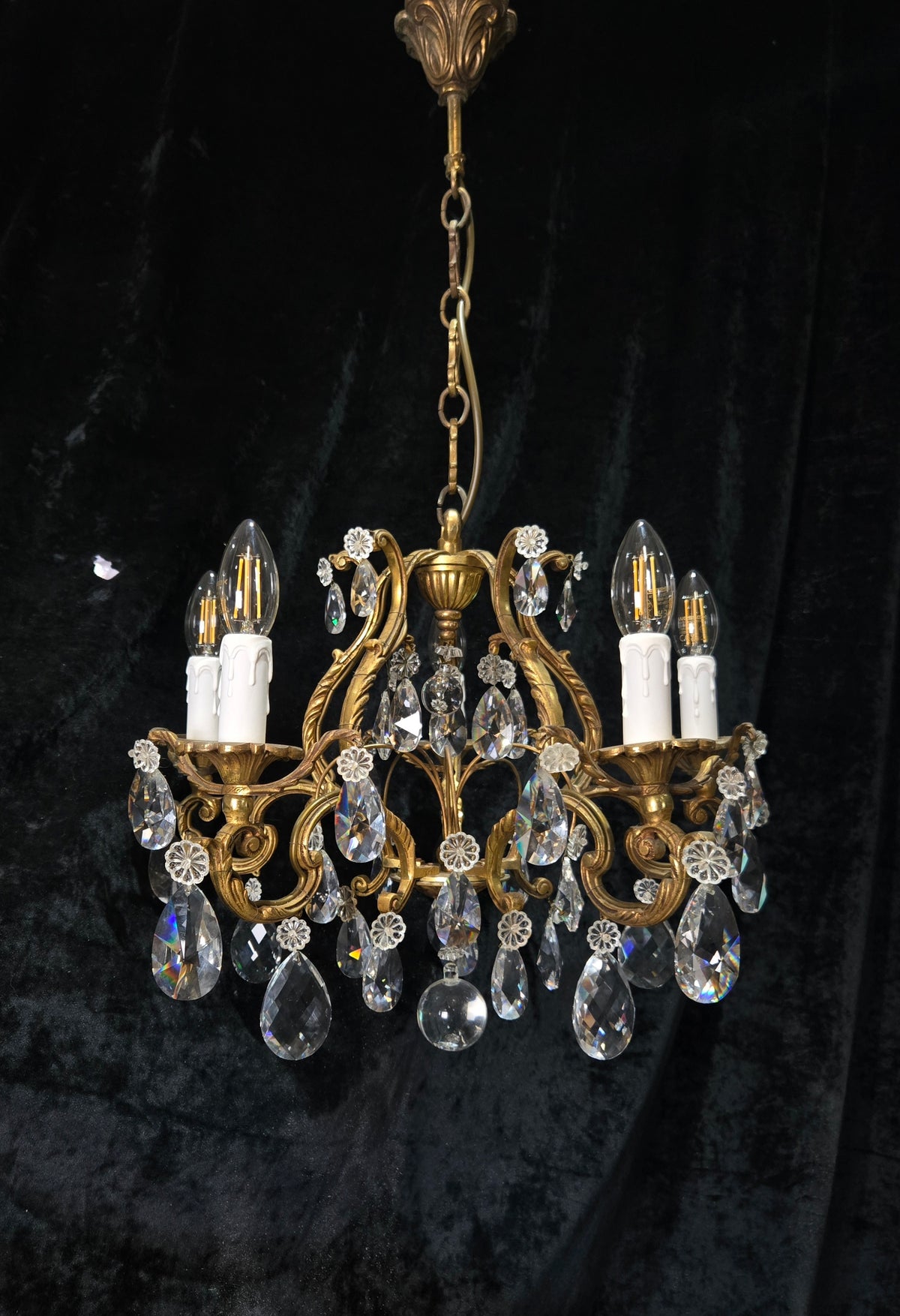 Traditional Antique French 5 Arm Heavy Bronze Cage Crystal Chandelier Light
