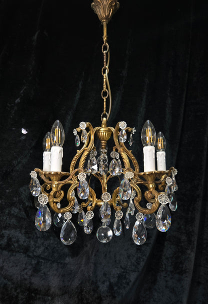 Traditional Antique French 5 Arm Heavy Bronze Cage Crystal Chandelier Light