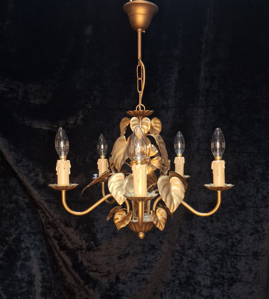 Pretty Vintage French 5 Arm Foliage Toleware Gilded Chandelier Light