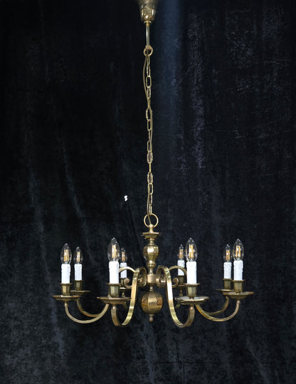 Classical Vintage Polished Brass Large 8 Arm Flemish Style Chandelier Light
