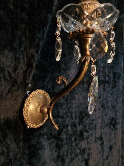 Elegant Pair Vintage Italian 1 Arm Crystal Brass Candle Wall Lights Sconces