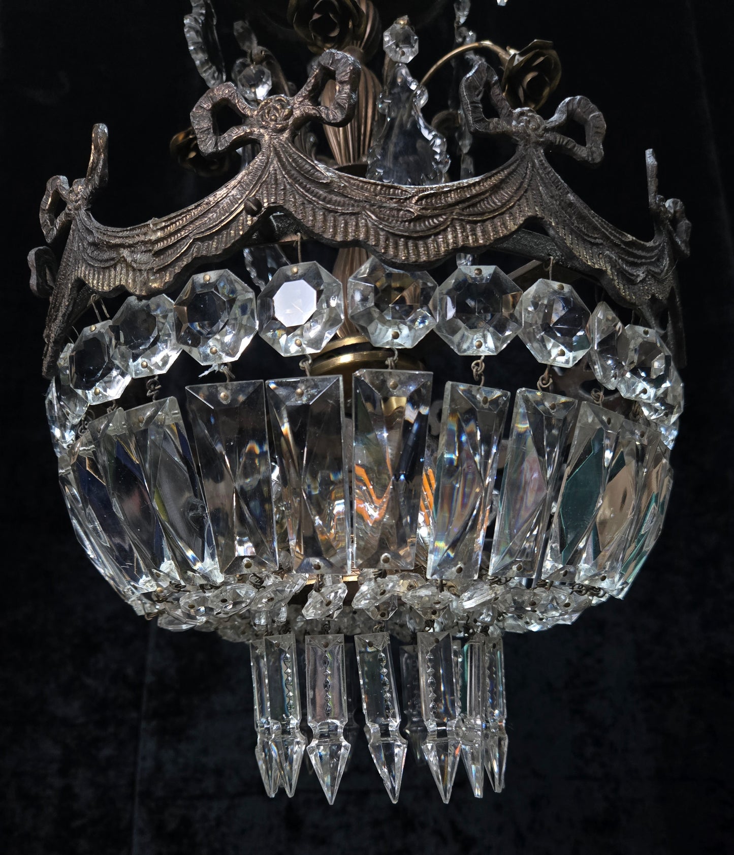 Beautiful Vintage Italian Brass 3 Light Crystal Bag Bows and Roses Chandelier