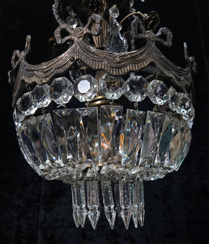 Beautiful Vintage Italian Brass 3 Light Crystal Bag Bows and Roses Chandelier