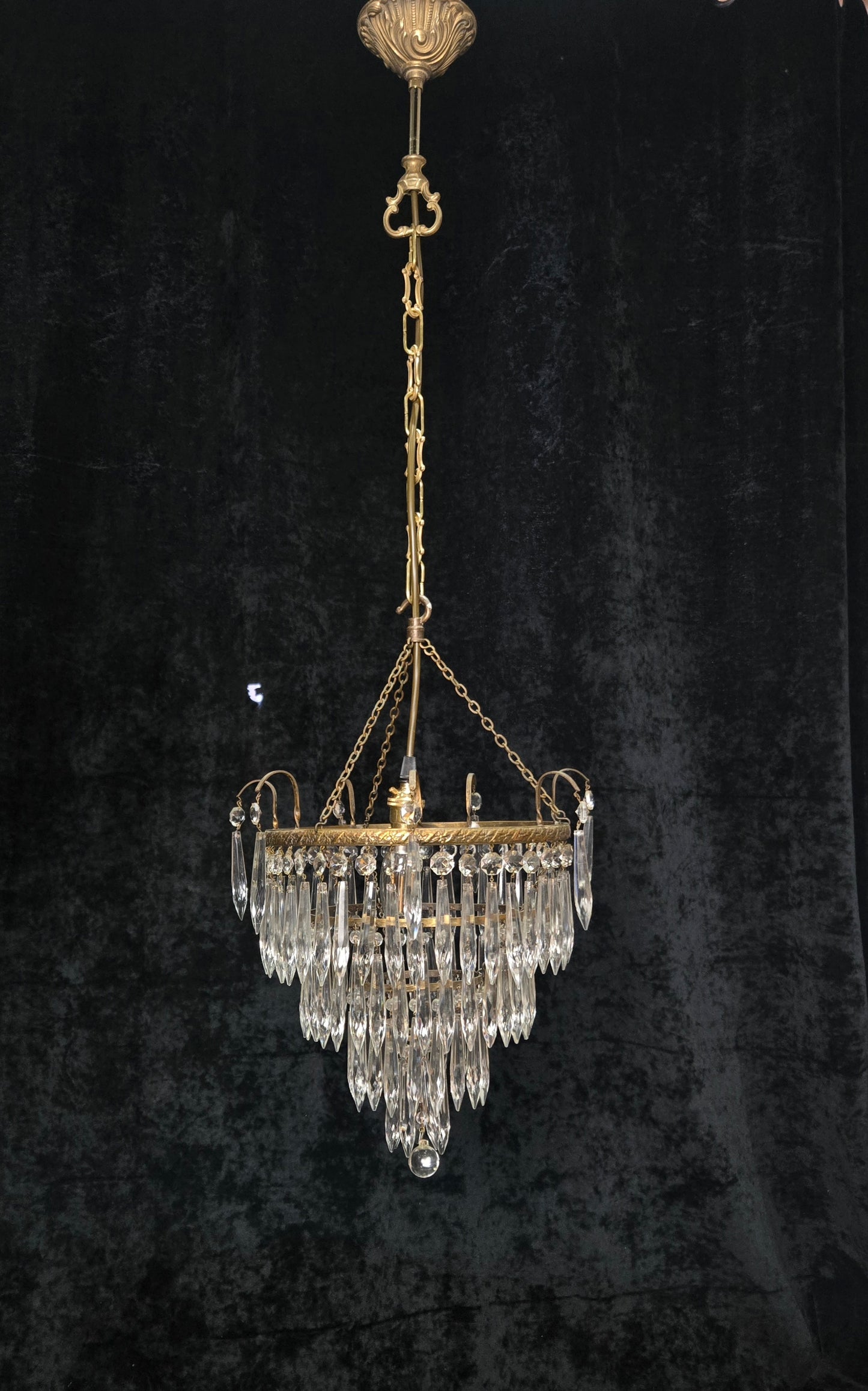 Fabulous Antique French Brass 4 Tier Waterfall Crystal Chandelier Ceiling Light
