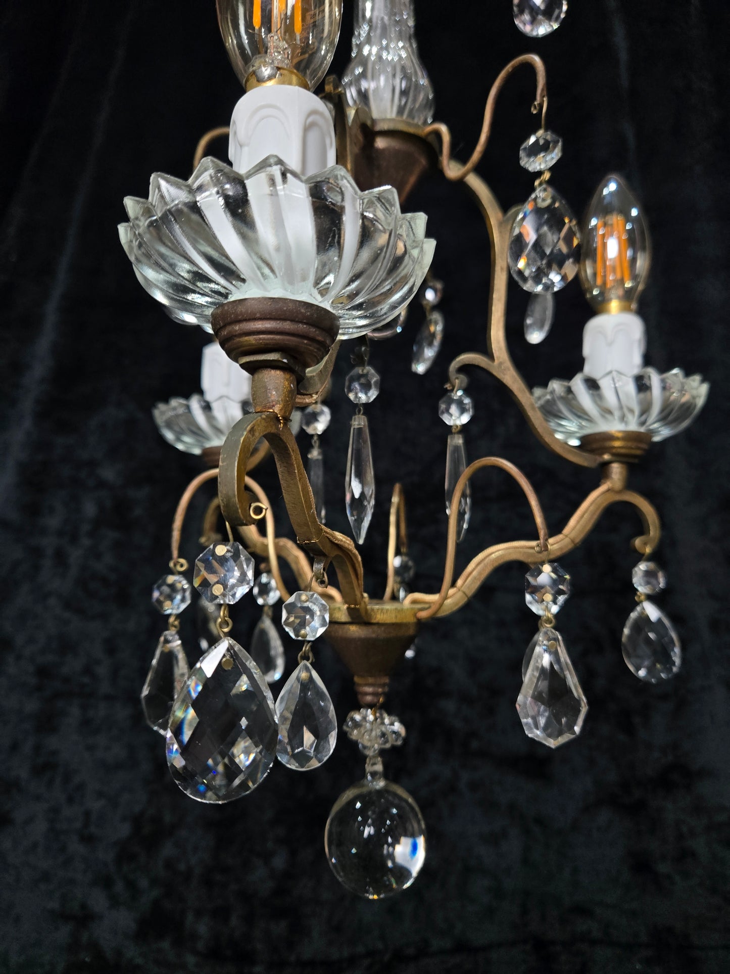 Lovely Petite Antique French 3 Arm Cage Brass Crystal Chandelier Ceiling Light