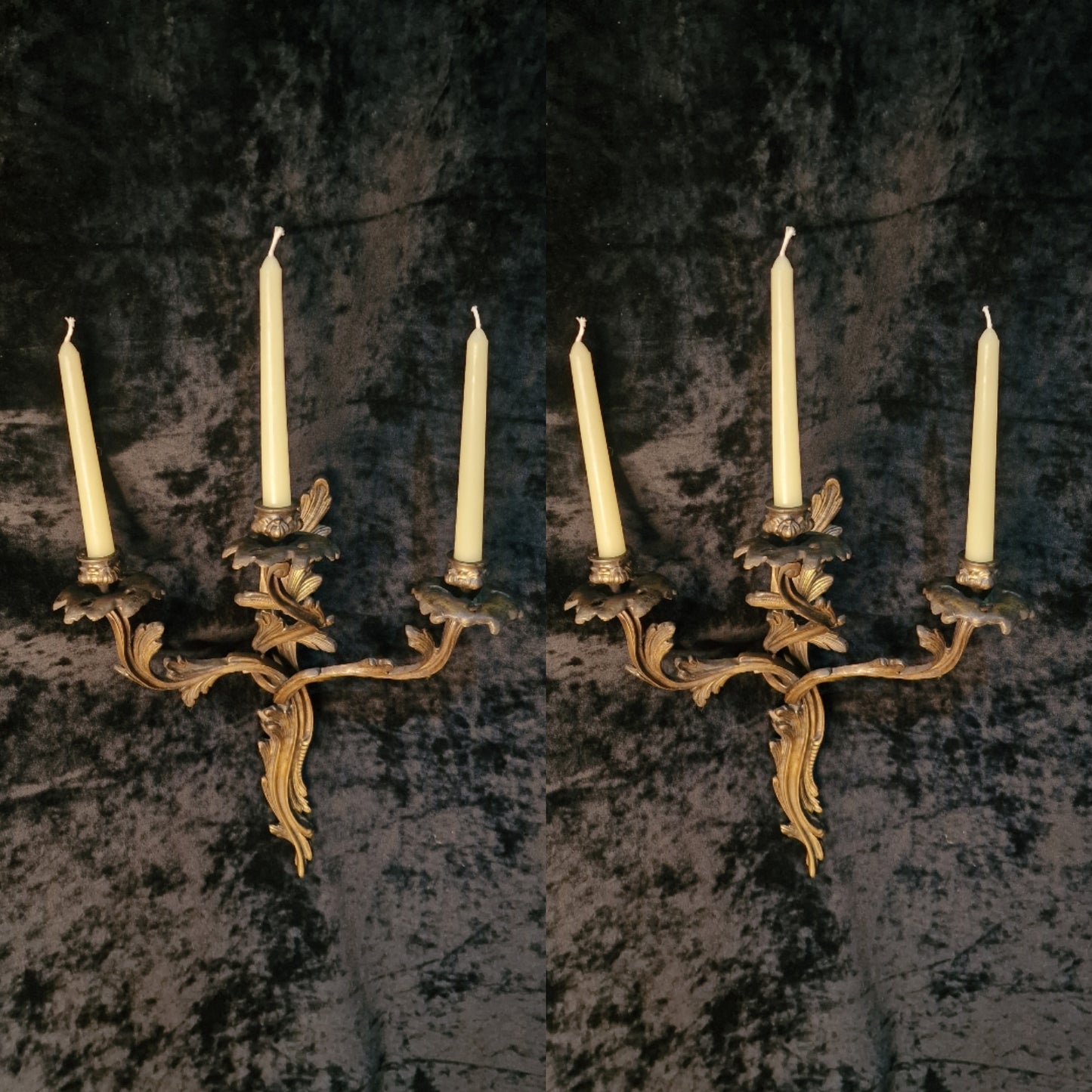 Gorgeous Pair Large 3 Arm Antique French Solid Brass Candle Wall Lights Sconces